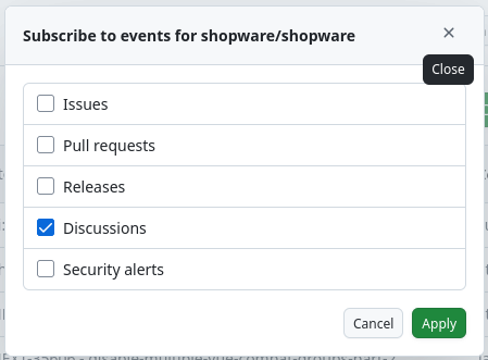 Screenshot of Subscribe to events for shopware/shopware repository on Github where Discussions is ticked.